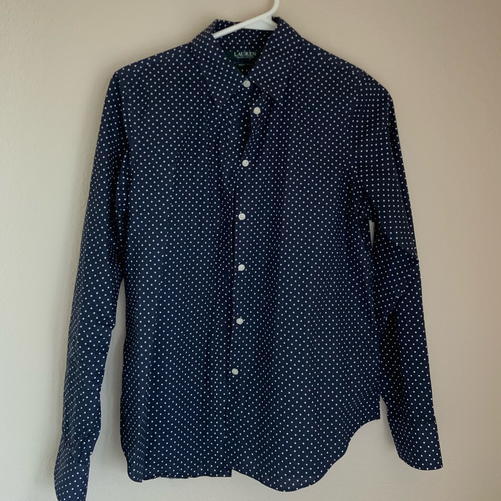 Lauren Ralph Lauren Dark Blue Button Down Shirt with White Dots